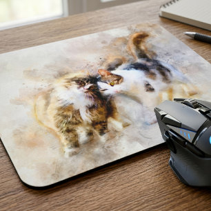 Watercolor Cats Nuzzling in Soft Abstract Art Mouse Mat