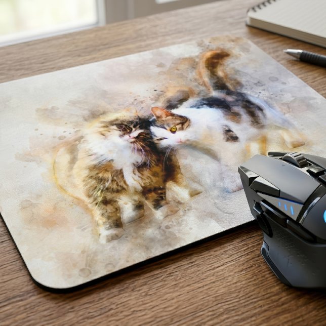 Watercolor Cats Nuzzling in Soft Abstract Art Mouse Mat (Watercolor Cats Nuzzling in Soft Abstract Art. Mouse Pad )