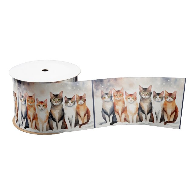 Watercolor Cats On Snow Satin Ribbon (Spool)