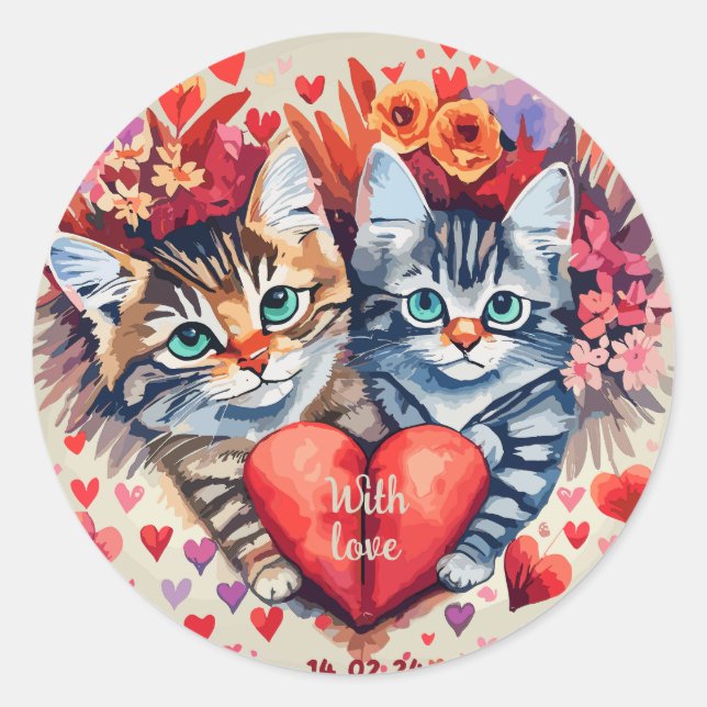 Watercolor cats with heart classic round sticker (Front)
