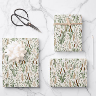 Watercolor Cattail Reeds Botanical Pattern Wrapping Paper Sheet