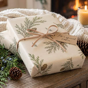 Watercolor Cedar Sprig Pinecone Evergreen Garland Wrapping Paper Sheet