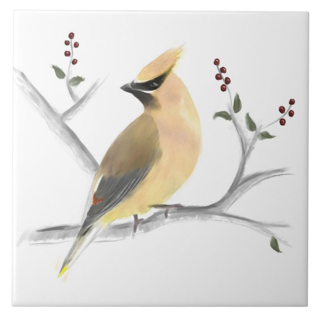 Watercolor Cedar Waxwing Ceramic Tile (Front)