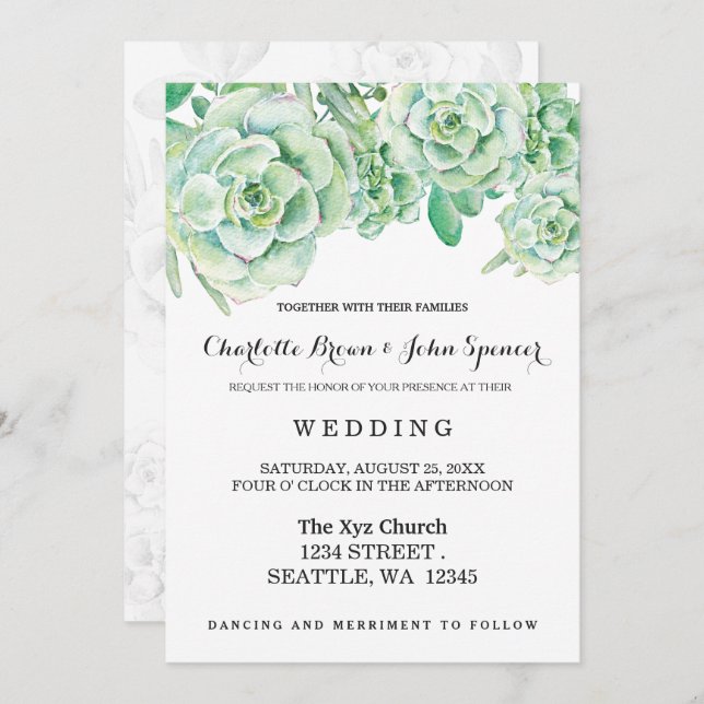 watercolor celadon succulent wedding invitations (Front/Back)