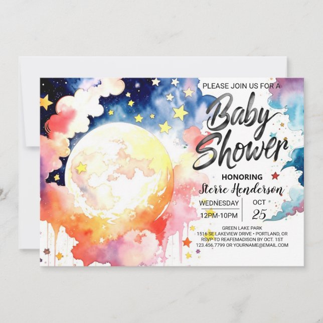 Watercolor Celestial Baby Shower Wonders Invitation (Front)