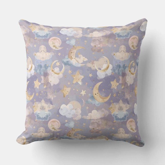 Watercolor Celestial Nursery Pillow | Pastel Moons (Front)