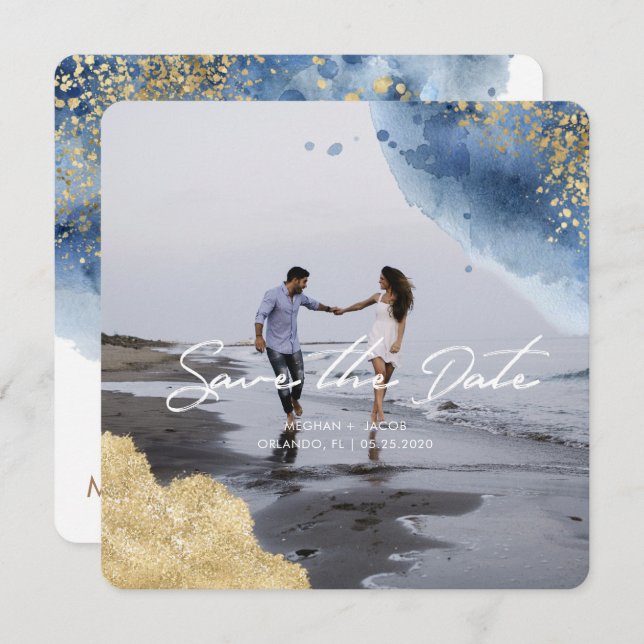 Watercolor celestial ocean Photo Save the Date Invitation (Front/Back)