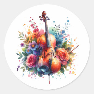 Watercolor Cello and Flowers Classic Round Sticker