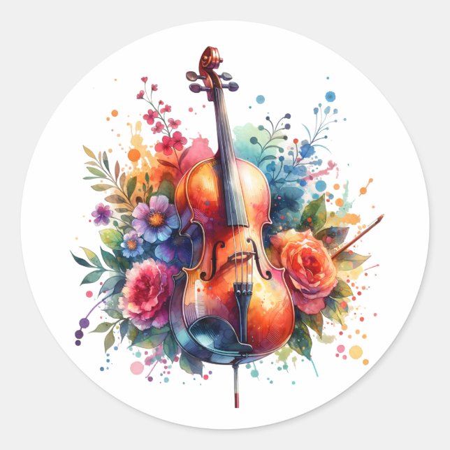Watercolor Cello and Flowers   Classic Round Sticker (Front)