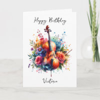 Watercolor Cello and Flowers Personalised Birthday