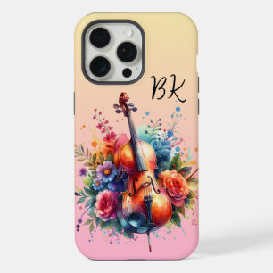 Watercolor Cello and Flowers Personalised iPhone 15 Pro Max Case