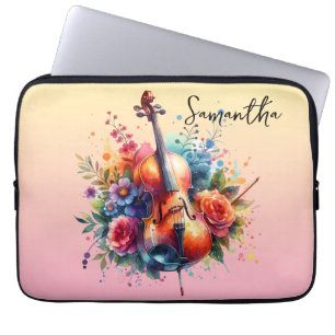 Watercolor Cello and Flowers Personalised Laptop Sleeve