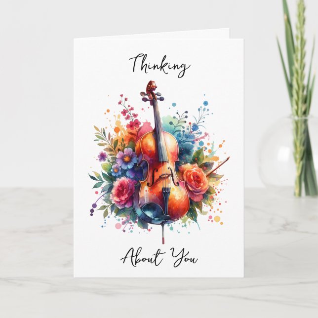 Watercolor Cello and Flowers Thinking About You Card (Front)