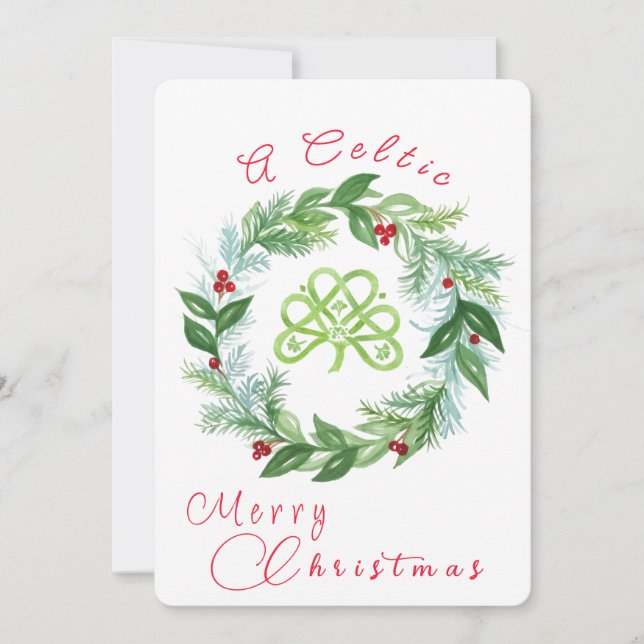 Watercolor Celtic Christmas Wreath PERSONALIZE P Holiday Card (Front)