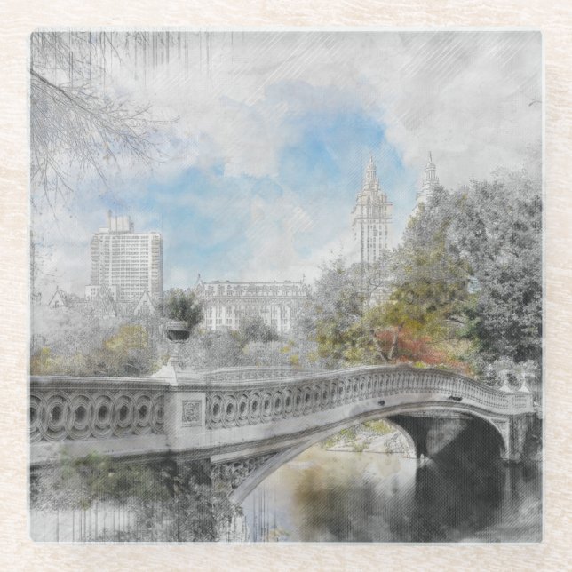 Watercolor Central Park Bridge Glass Coaster  (Front)