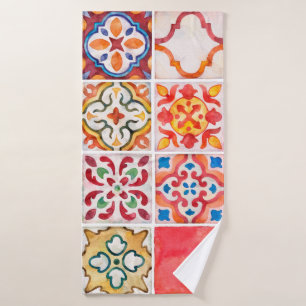 Watercolor ceramic tiles collection. Square vintag Bath Towel