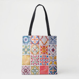 Watercolor ceramic tiles collection. Square vintag Tote Bag
