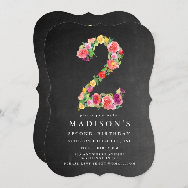 Watercolor Chalkboard Girls 2nd Birthday Invite (Front/Back)