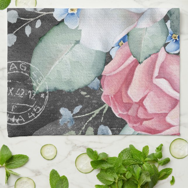 Watercolor Chalkboard Roses  Tea Towel (Folded)
