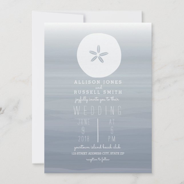 Watercolor Chambray + Sand Dollar Wedding Invitation (Front)