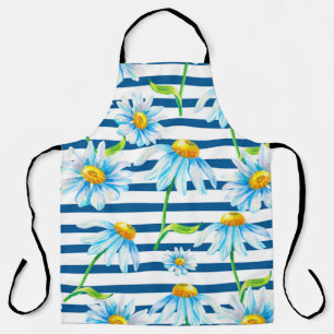 Watercolor chamomile on a white-blue striped backg apron
