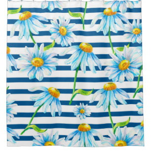 Watercolor chamomile on a white-blue striped backg shower curtain