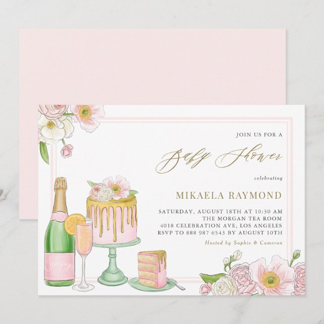 Watercolor Champagne and Cake Floral Baby Shower Invitation (Front/Back)