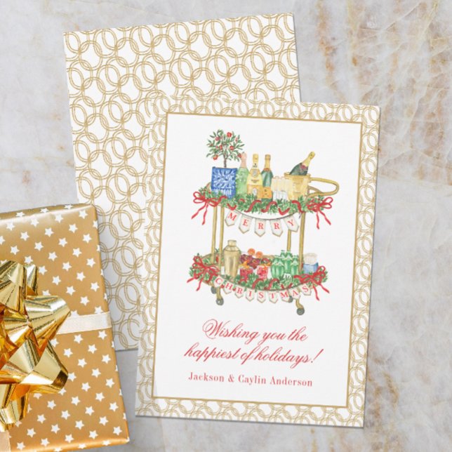 Watercolor Champagne Bar Cart Christmas Holiday Card (Creator Uploaded)