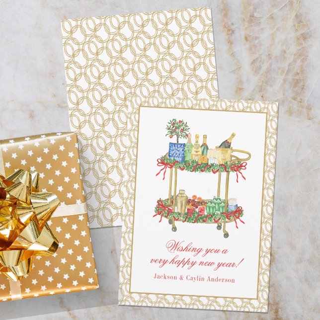 Watercolor Champagne Bar Cart New Year Holiday Card (Creator Uploaded)