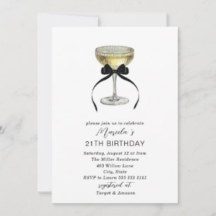 Watercolor Champagne coupe black bow 21th birthda Invitation