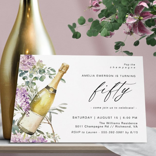 Watercolor Champagne Elegant Women's 50th Birthday Invitation (Creator Uploaded)