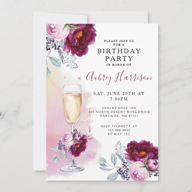 Watercolor Champagne Glass Floral Birthday Party Invitation (Front)