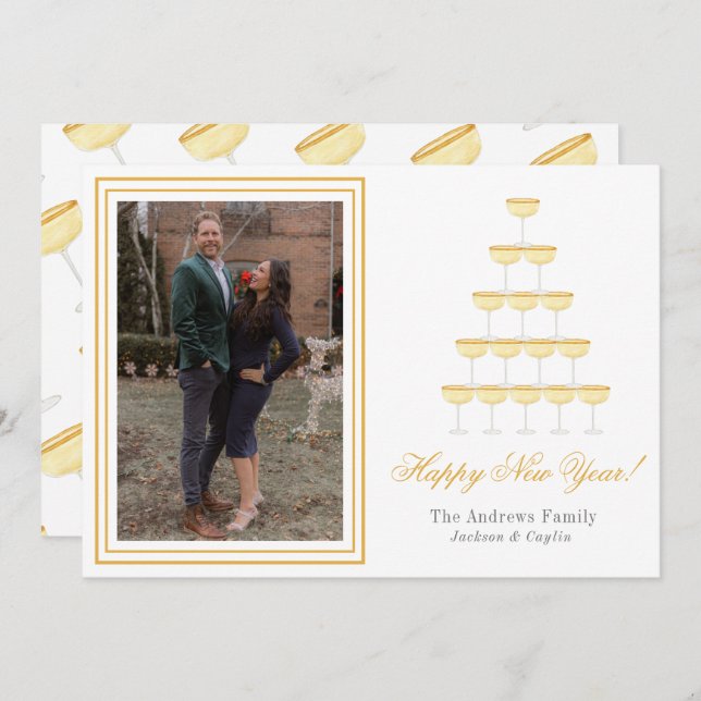 Watercolor Champagne Glasses New Year Photo Holiday Card (Front/Back)