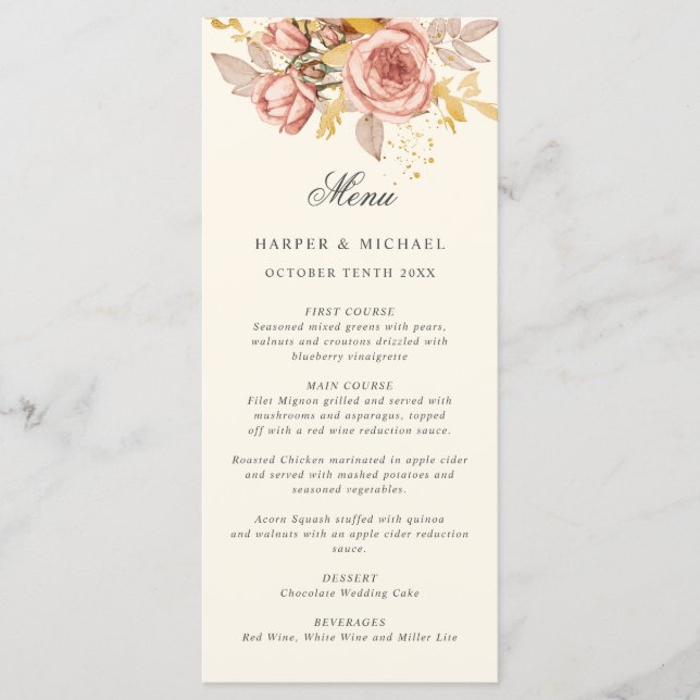 Watercolor champagne roses monogram wedding menu (Front)