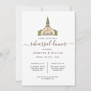 Watercolor Chapel Wedding Rehearsal Dinner Invitation