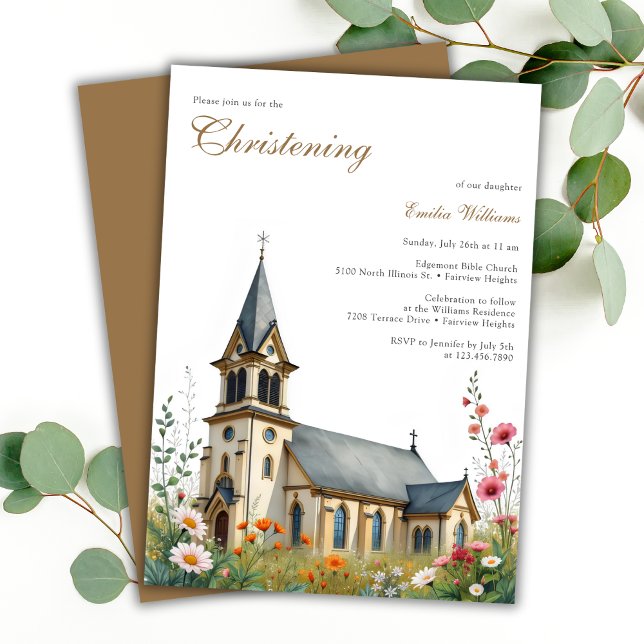 Watercolor Charming Church Baptism Christening Invitation (Watercolor Charming Church Baptism Christening Invitation)