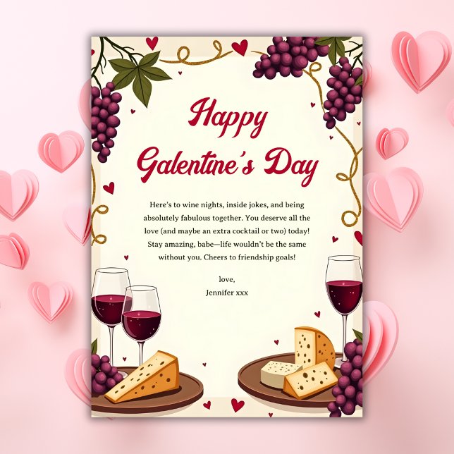 Watercolor Charming Wine & Cheese Galentine’s Day Holiday Card (Watercolor Charming Wine & Cheese Galentine’s Day Holiday Card)