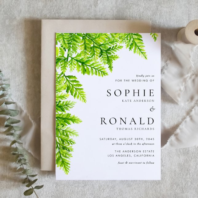 Watercolor Chartreuse Green Fern Leaves Wedding Invitation (Creator Uploaded)