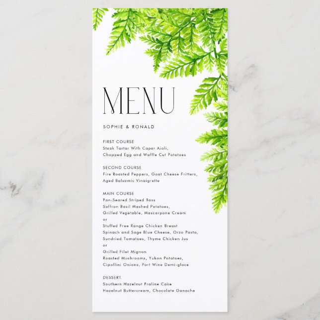 Watercolor Chartreuse Green Fern Leaves Wedding Menu (Front)