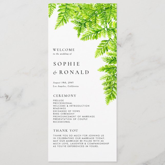 Watercolor Chartreuse Green Fern Leaves Wedding Programme (Front)