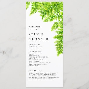 Watercolor Chartreuse Green Fern Leaves Wedding Programme