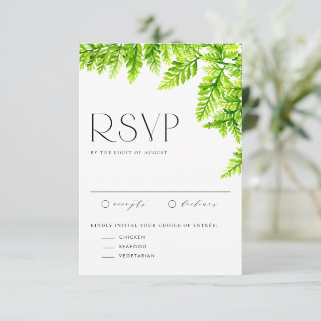 Watercolor Chartreuse Green Fern Leaves Wedding RSVP Card (Standing Front)