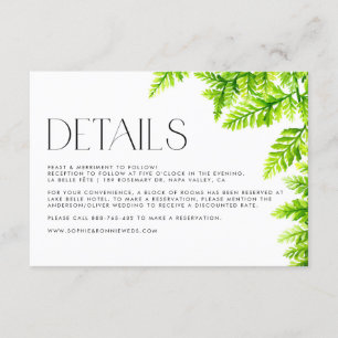 Watercolor Chartreuse Green Ferns Wedding Details Enclosure Card