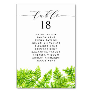 Watercolor Chartreuse Green Ferns Wedding Seating Table Number
