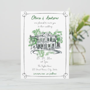 Watercolor Chateau Georgian Manor Venue Wedding Invitation
