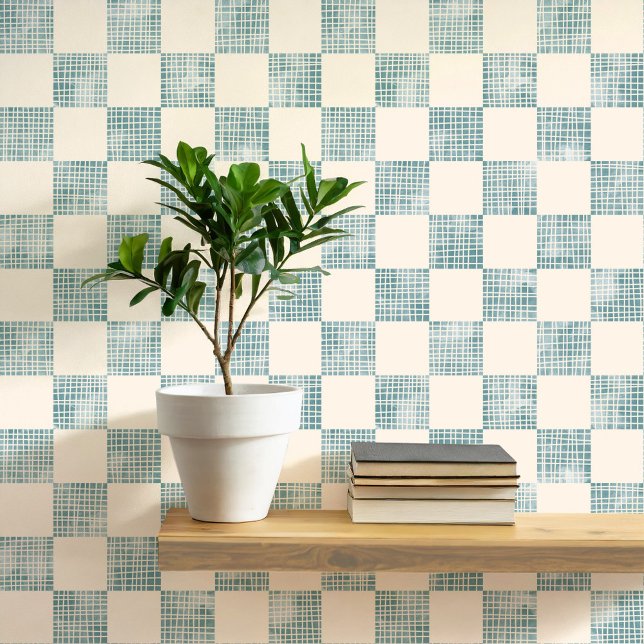 Watercolor Checkers Sea Foam Cream Geometric Wallpaper (Geometric checker square patterned watercolor sea foam blue green and cream wallpaper)