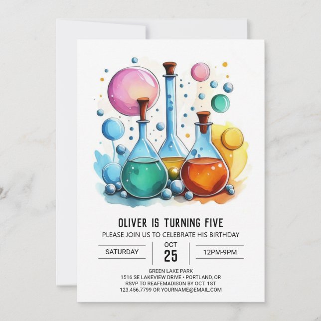 Watercolor Chemistry Mystery Scientist Birthday Invitation (Front)
