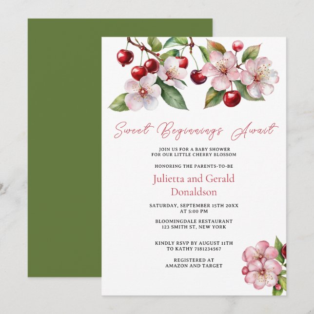 Watercolor Cherries Cherry Blossoms Baby Shower Invitation (Front/Back)