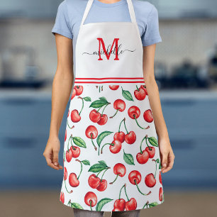 Watercolor Cherries Monogram White Apron