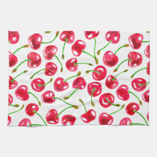 Watercolor cherries pattern tea towel